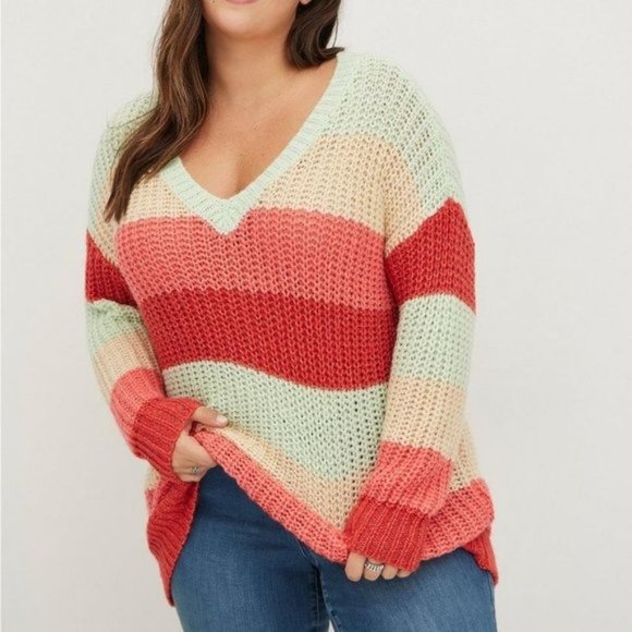 torrid Sweaters - Torrid Milti Colorful Stripe Pullover Chunky Knit V-neck Ribbed Hems Sweater